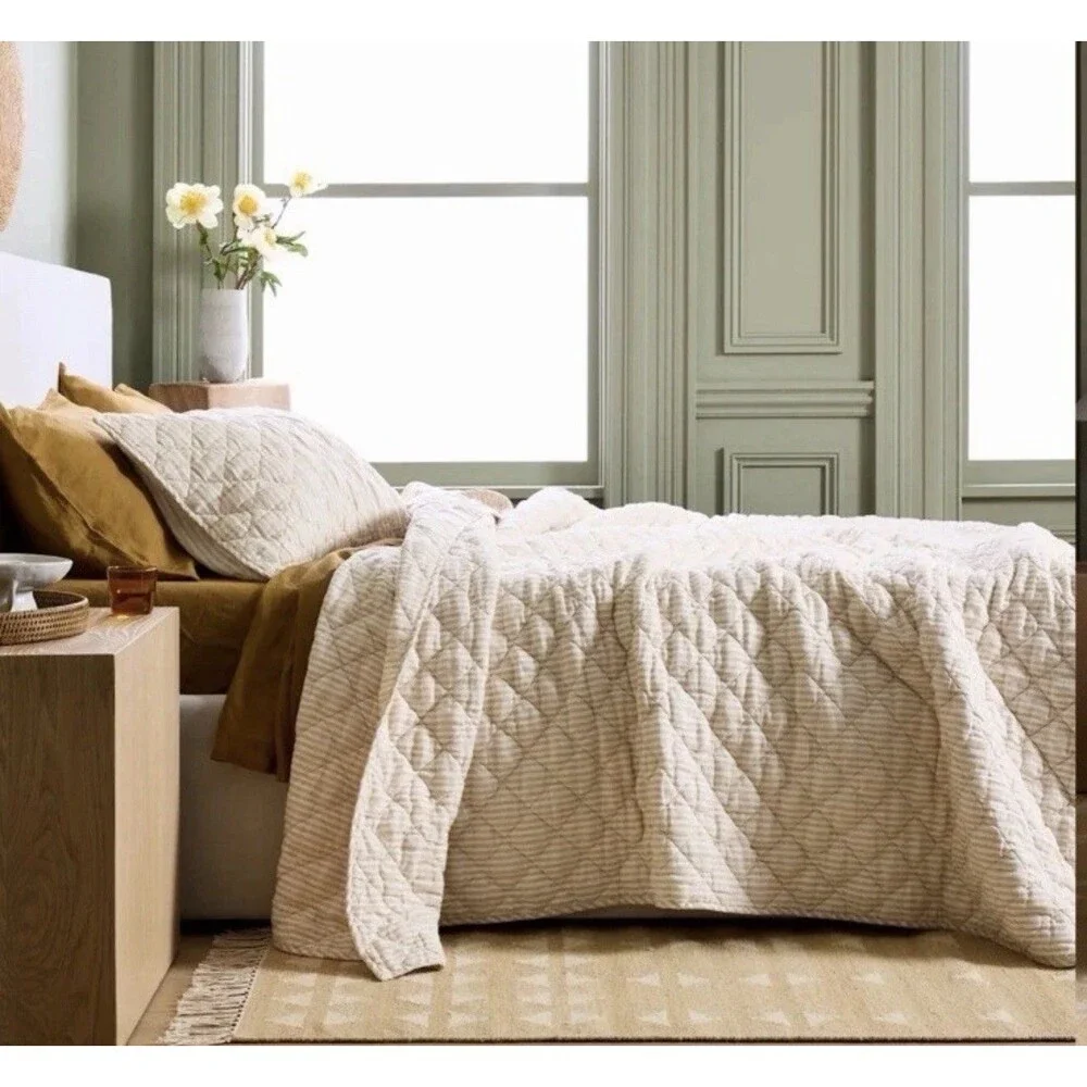 Quince European Linen Stripe Quilt Full/Queen White & Natural DISCONTINUED RARE